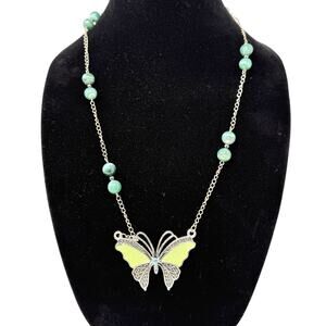 Vintage Y2K Enameled Butterly Silver‎ Tone Necklace Green Beads 13"